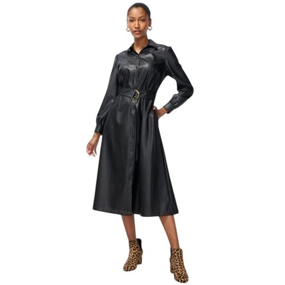 Chicos 0 Black Faux Leather Collared Button Up Long Sleeve Midi Dress Pockets - Picture 1 of 15
